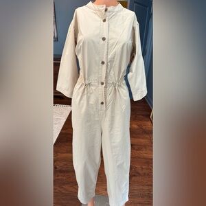 Utility Jumpsuit Button Front Drawstring Waist Cropped Leg Pockets Size M BY MIN
